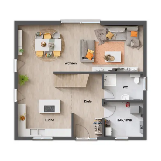 Erdgeschoss des Flair 134 mit offenem, großzügigen Wohnbereich und eleganter Treppe.